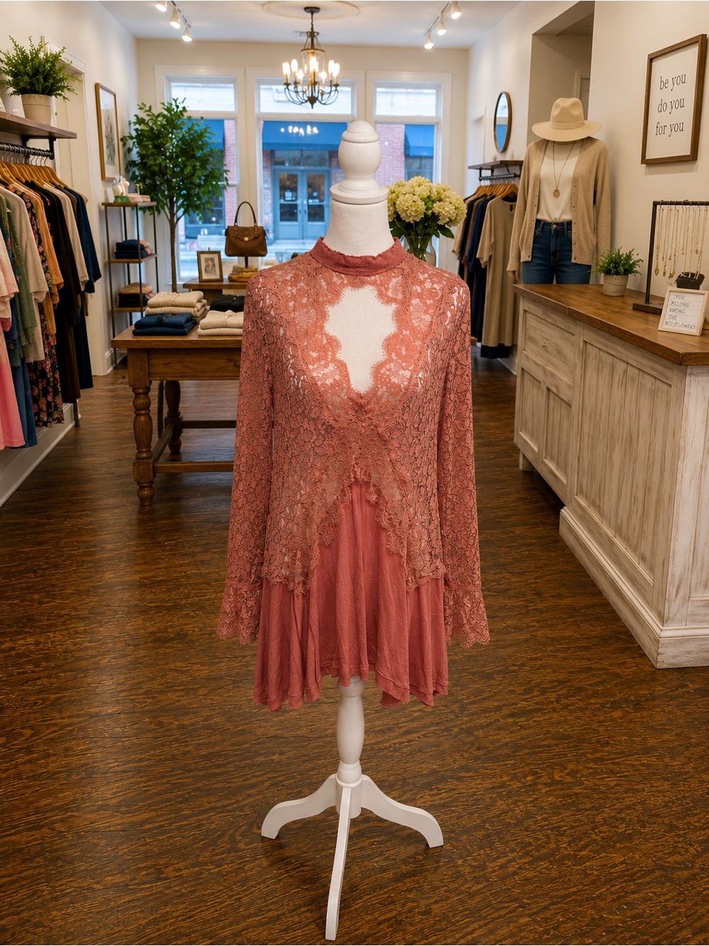 Free People Pink Lace High Low Tunic Top Size Large Bell Sleeve Boho Romantic